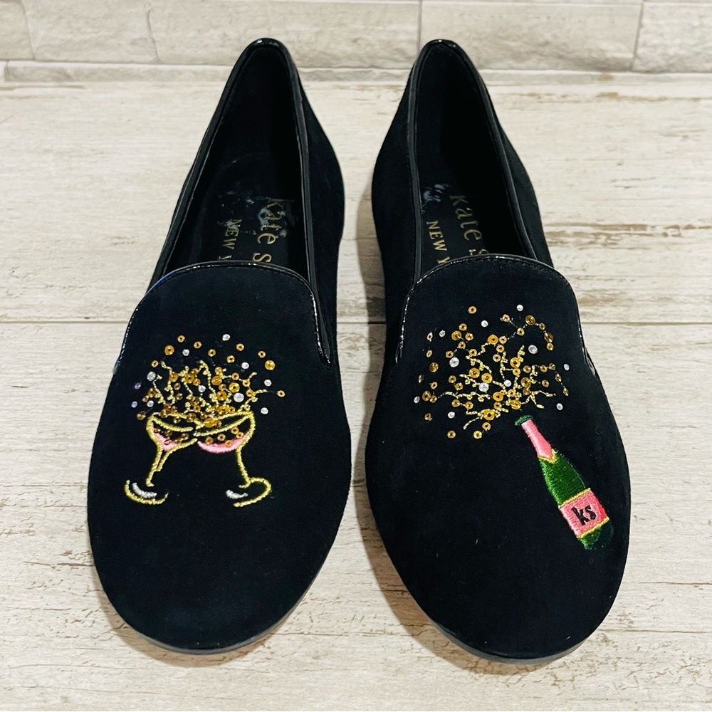 Kate Spade New York Women's 7.5M Black Suede Embroidered Lounge Fizzy Loafers